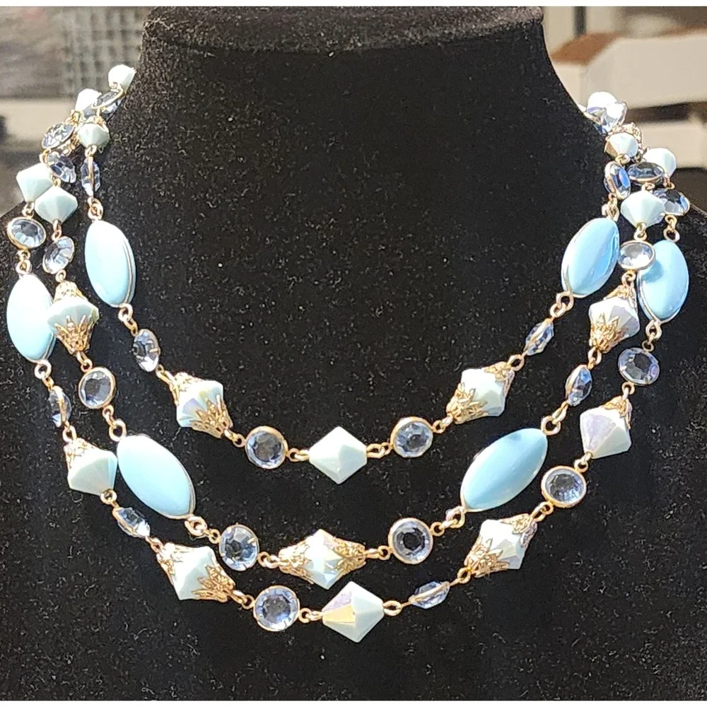 VTG Alice Caviness Blue Aurora Borealis 3 Strand Necklace Chandelier Earrings